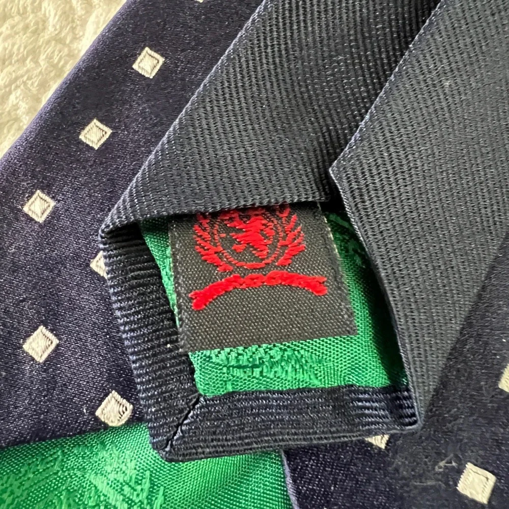 Tommy Hilfiger Silk Tie OS Mens Geometric Square Pin Dot Navy Blue Preppy USA